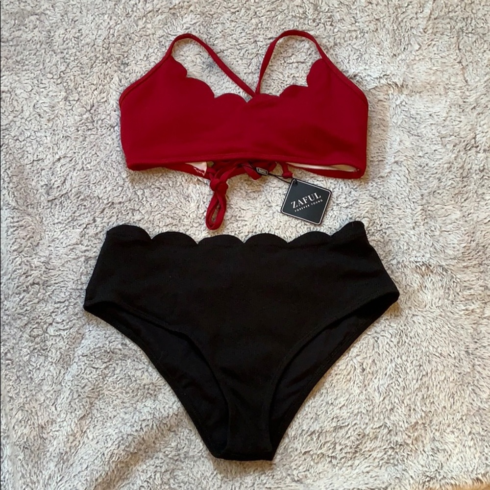 Black and red high waisted bikini